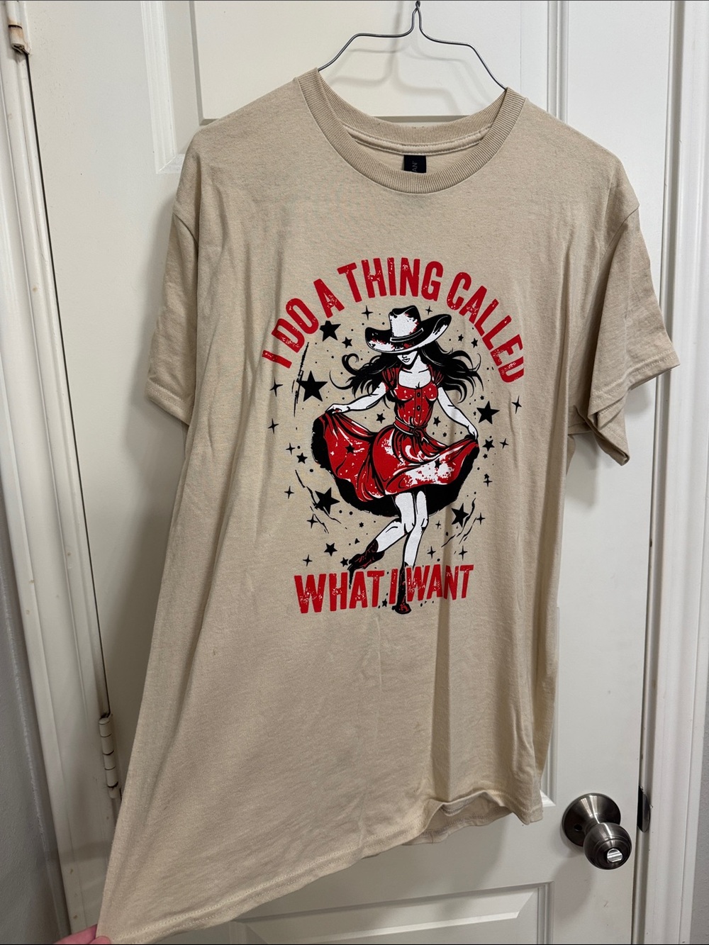 Gildan Beige Short Sleeve Tee with Red & Black Graphic